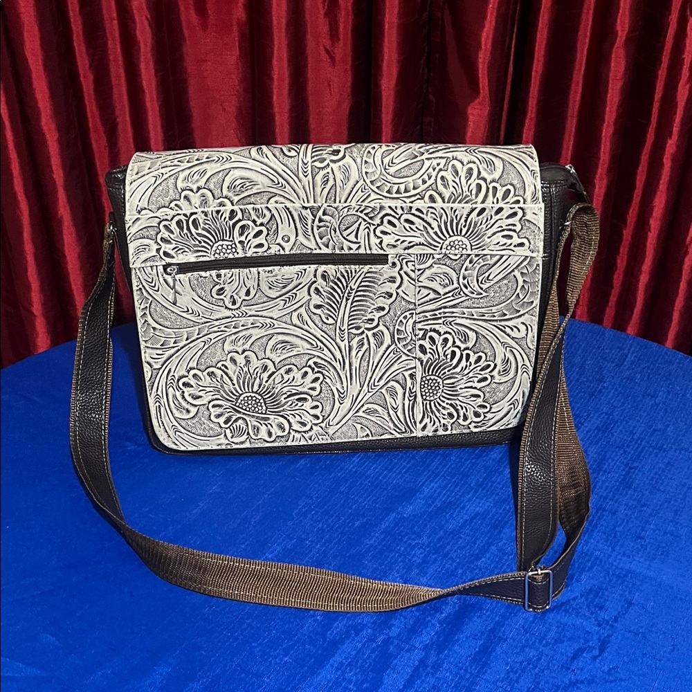 Mexican Floral Embossed Leather Messenger Bag – Artisan Handmade Crossbody